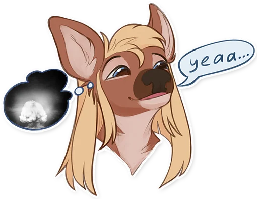 Sticker: looking blankly and agreeing with what's said, while thinking about the history of nuclear weapon development