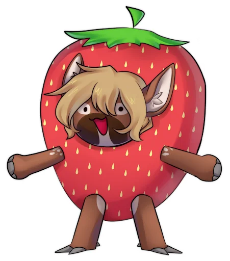 Sticker: Wearing an outfit shaped like a strawberry, looking excited