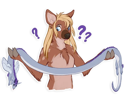 Sticker: spangle holding zephyr, confused, as she has lengthened out into a long noodle