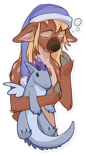 Sticker: sleepy, wearing a nightcap and holding a zephyr plush